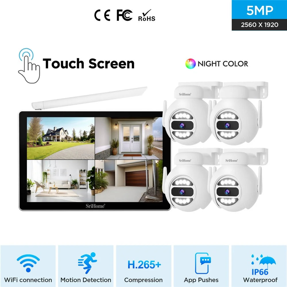 SRIHOME NVS010+IPC047 10.1 Inch LCD Screen IP66 Waterproof 8CH WiFi NVR 5MP HD CCTV Camera Kit - US Plug - 2
