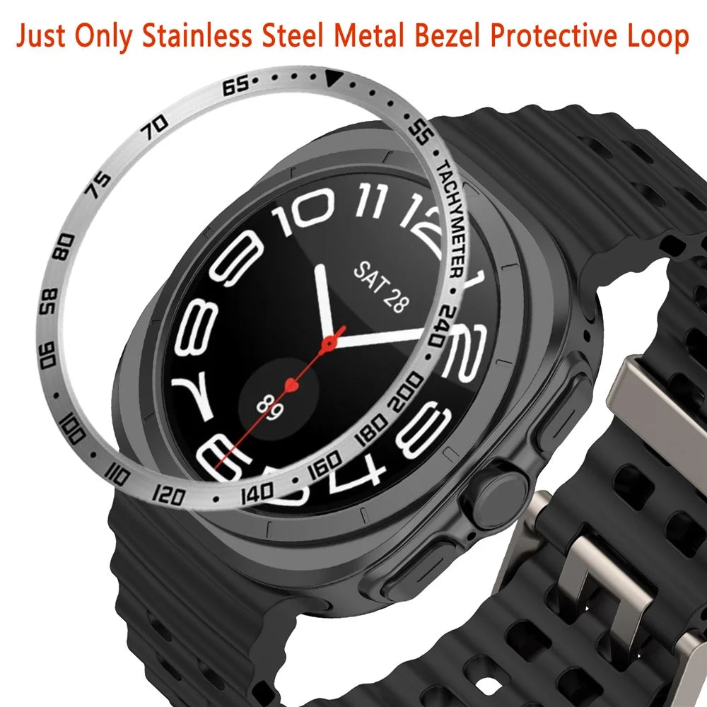 Type E for Samsung Galaxy Watch Ultra 47mm Bezel Ring Stainless Steel Bezel Loop Adhesive Cover - Silver / Black Characters - 3
