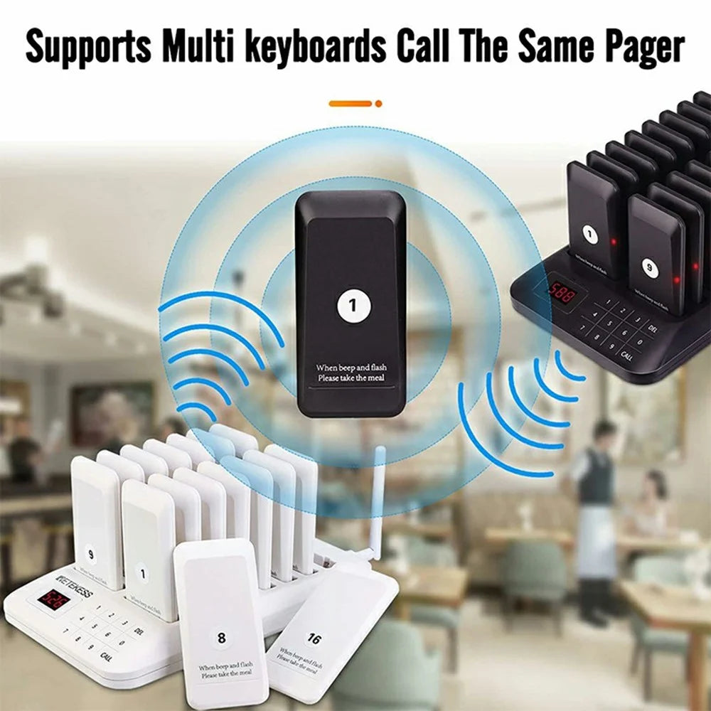 Wireless Restaurant Buzzer Pager 16 Beepers Queuing System for Guest Calling, EU Plug - Black - 5