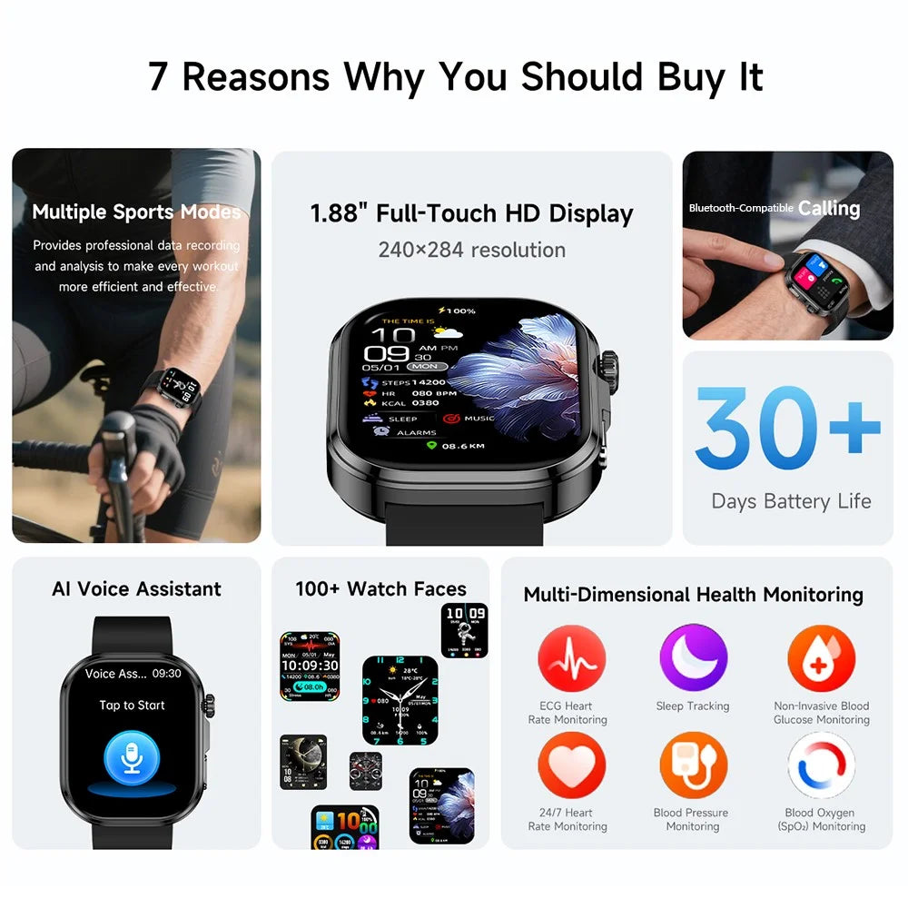 GE52 Smart Watch 1.88 Inch HD Screen ECG Heart Health Monitor Bluetooth-compatible Calling Fitness Tracker - Black Silicone Strap - 3