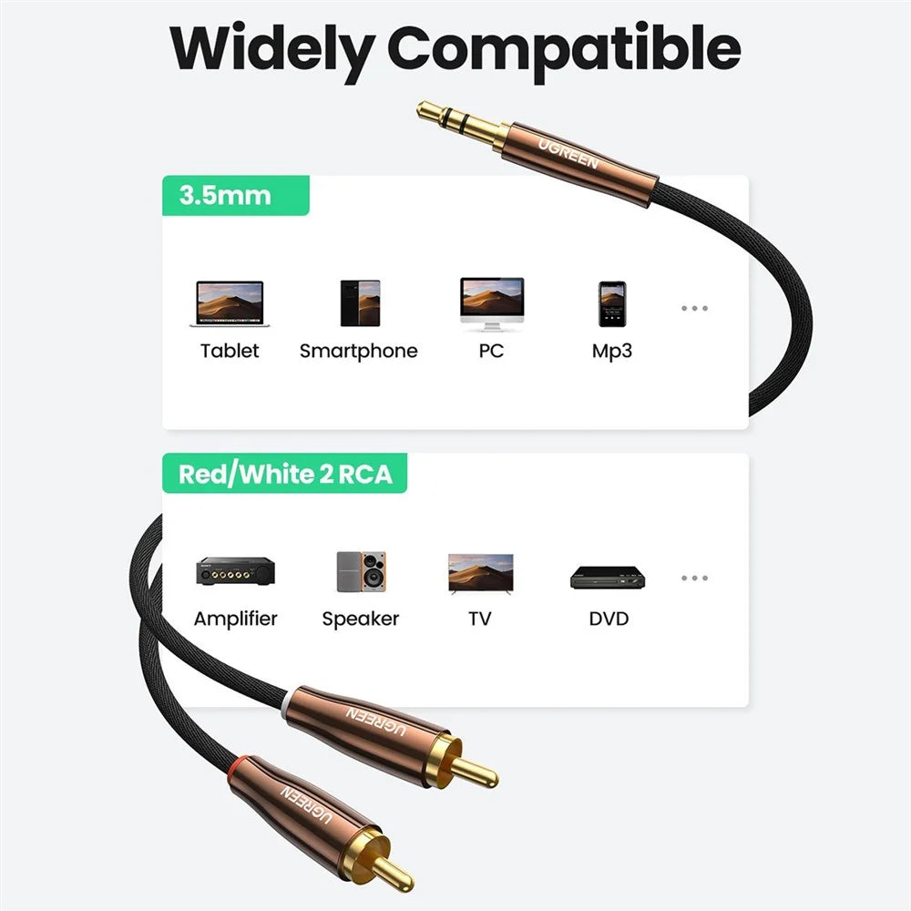 UGREEN 80847 2-Meter RCA Y-Splitter 3.5mm to 2RCA Male Straight Reversible Audio Cable for Smartphones/Speakers/Hi-Fi Amplifier/HDTV/MP3 Players - 2