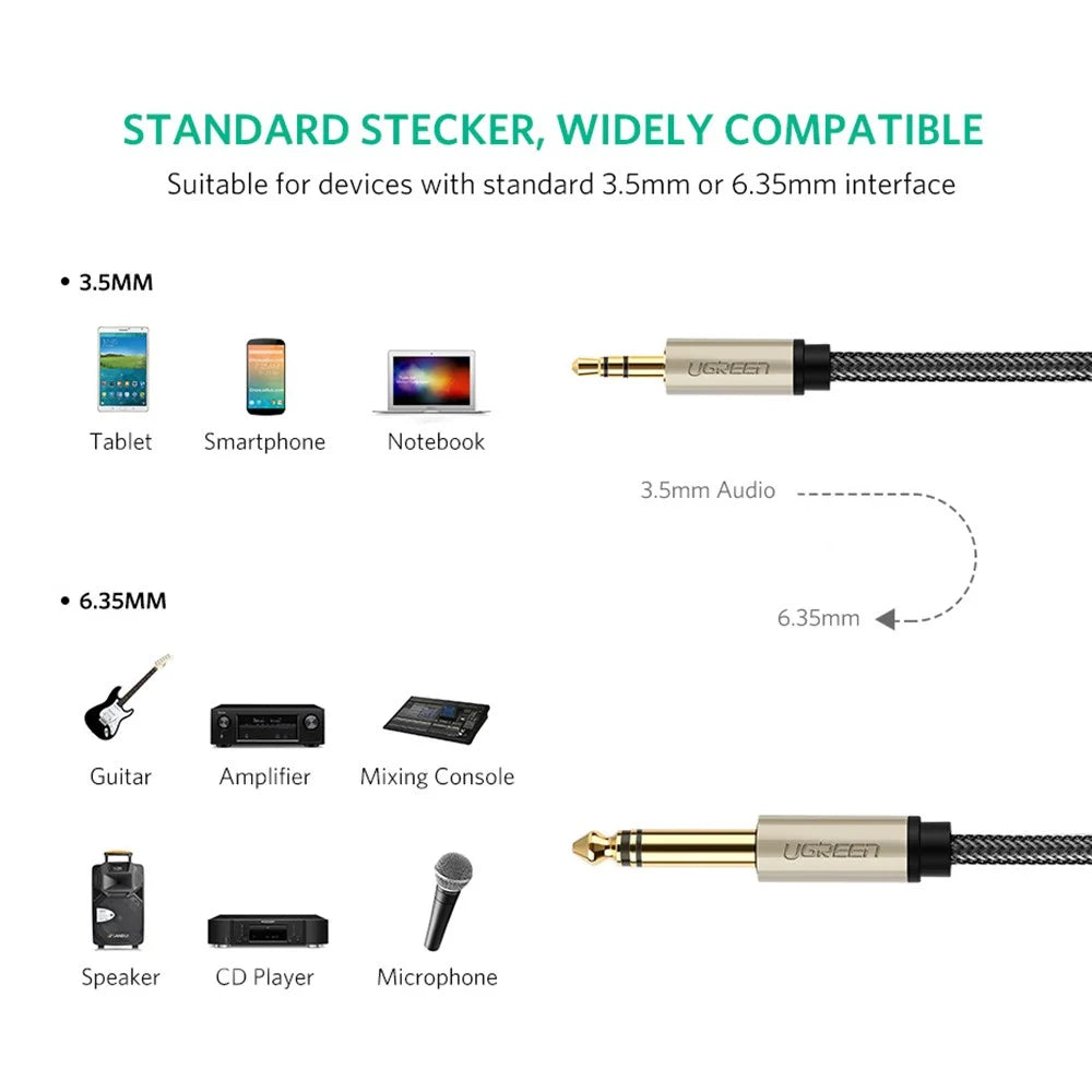 UGREEN 40808 10-Meter 3.5mm TRS 1/8'' Male to 6.35mm TS 1/4'' Male Audio Cable Connector Adapter for Cellphones/Amplifiers/Home Theater - 6
