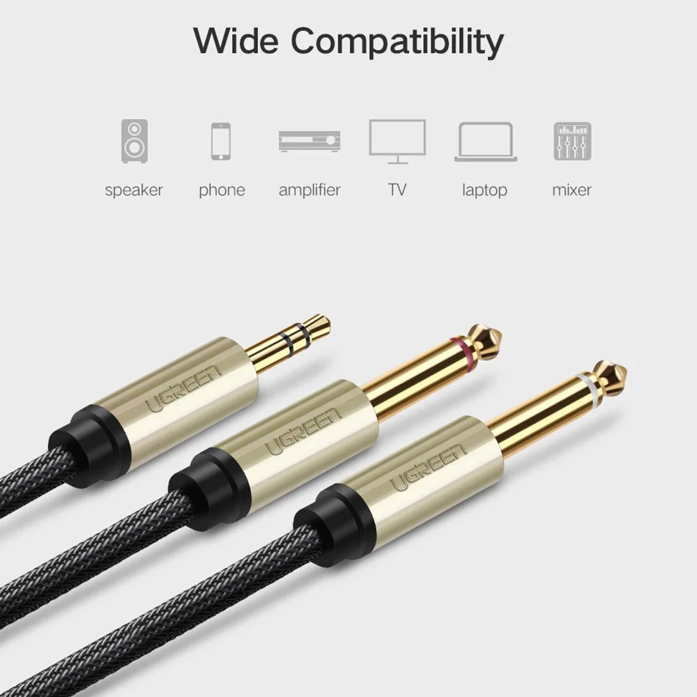 UGREEN 40794 5-Meter 3.5mm 1/8" TRS to Dual 6.35mm 1/4" TS Audio Adapter Y-Cable Splitter Cord for Cellphones/Amplifiers/Home Theater - 3