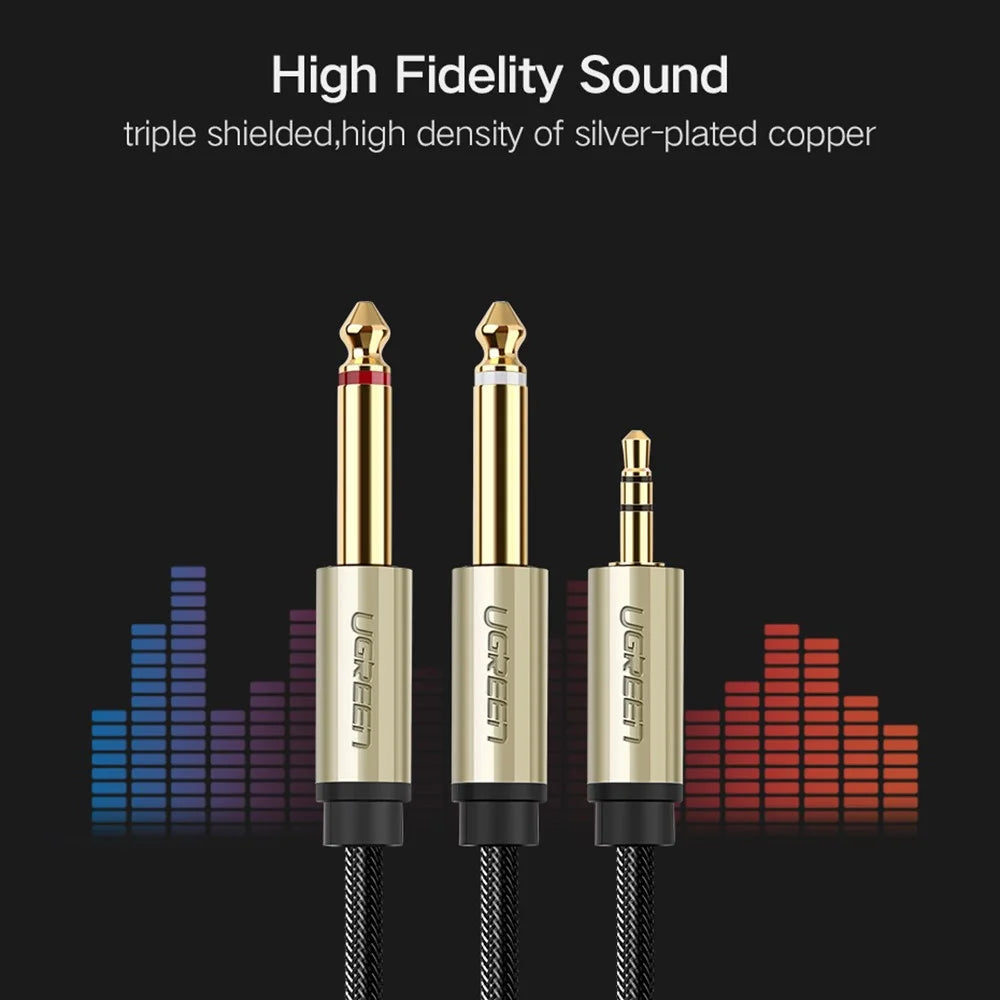UGREEN 40794 5-Meter 3.5mm 1/8" TRS to Dual 6.35mm 1/4" TS Audio Adapter Y-Cable Splitter Cord for Cellphones/Amplifiers/Home Theater - 5