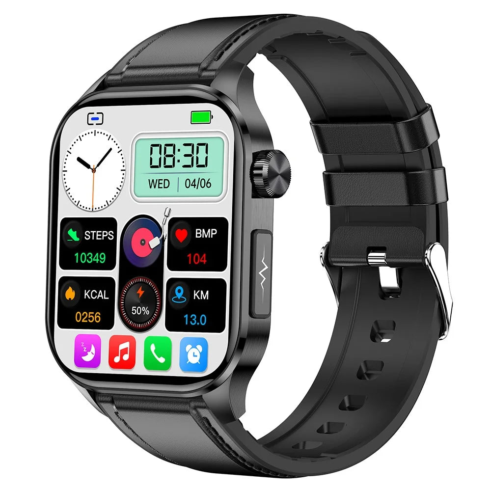 ET580 2.04" AMOLED Smart Watch Bluetooth-compatible Call ECG Health Bracelet, Leather Strap - Black - 1