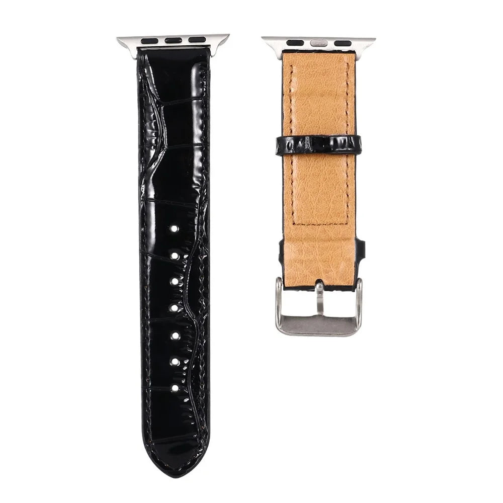 Crocodile Skin Split Leather Watch Band Strap Replacement for Apple Watch Ultra 3 2 1 49mm / Series 11 10 46mm / 9 8 7 45mm / SE3 SE2 SE 6 5 4 44mm / 3 2 1 42mm - Black - 1