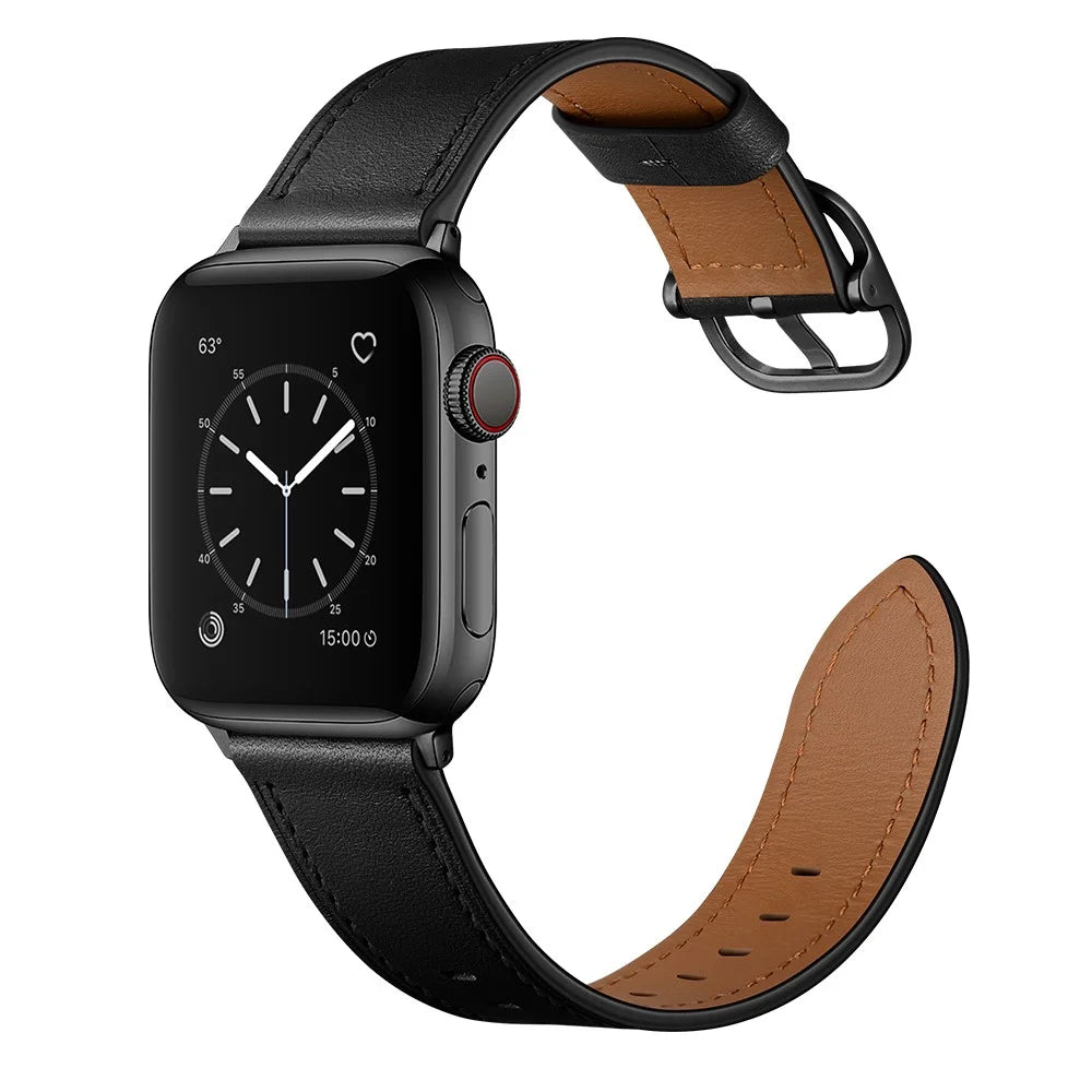 Genuine Leather Watch Band Replacement for Apple Watch Ultra 3 2 1 49mm / Series 11 10 46mm / 9 8 7 45mm / SE3 SE2 SE 6 5 4 44mm / 3 2 1 42mm - Black - 4