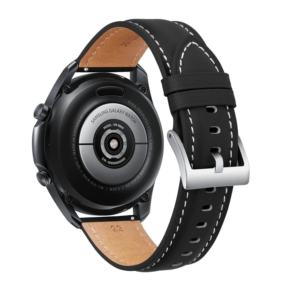 22mm Fine Stitches Genuine Leather Watch Band for Samsung Galaxy Watch3 45mm etc. - Black - 1