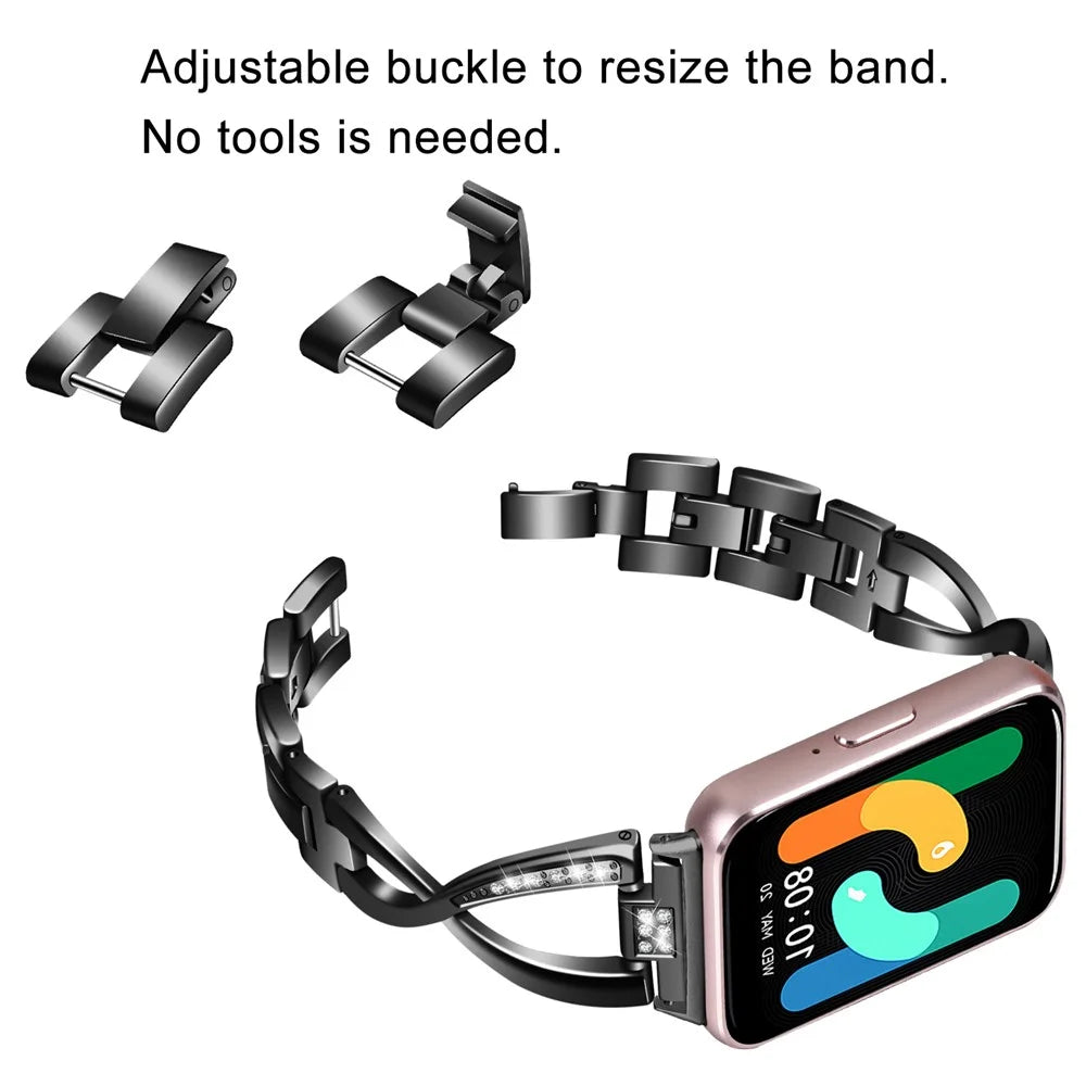 For Samsung Galaxy Fit3 SM-R390 Stainless Steel Strap Rhinestones Decor X-shape Smartwatch Band - Black - 5