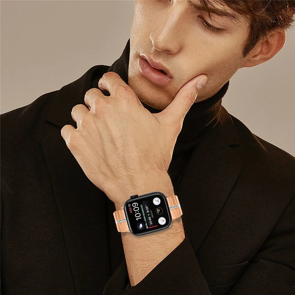 For Apple Watch Ultra 3 2 1 49mm / Series 11 10 46mm / 9 8 7 45mm / SE3 SE2 SE 6 5 4 44mm / 3 2 1 42mm Stainless Steel Strap - Rose Gold+Silver - 5
