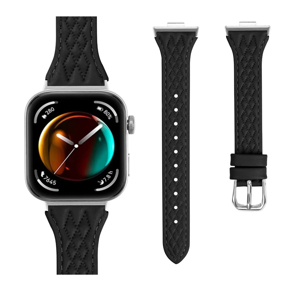 Genuine Cow Leather Band for Huawei Watch Fit 3 Rhombus Imprinted Watch Strap - Black - 3