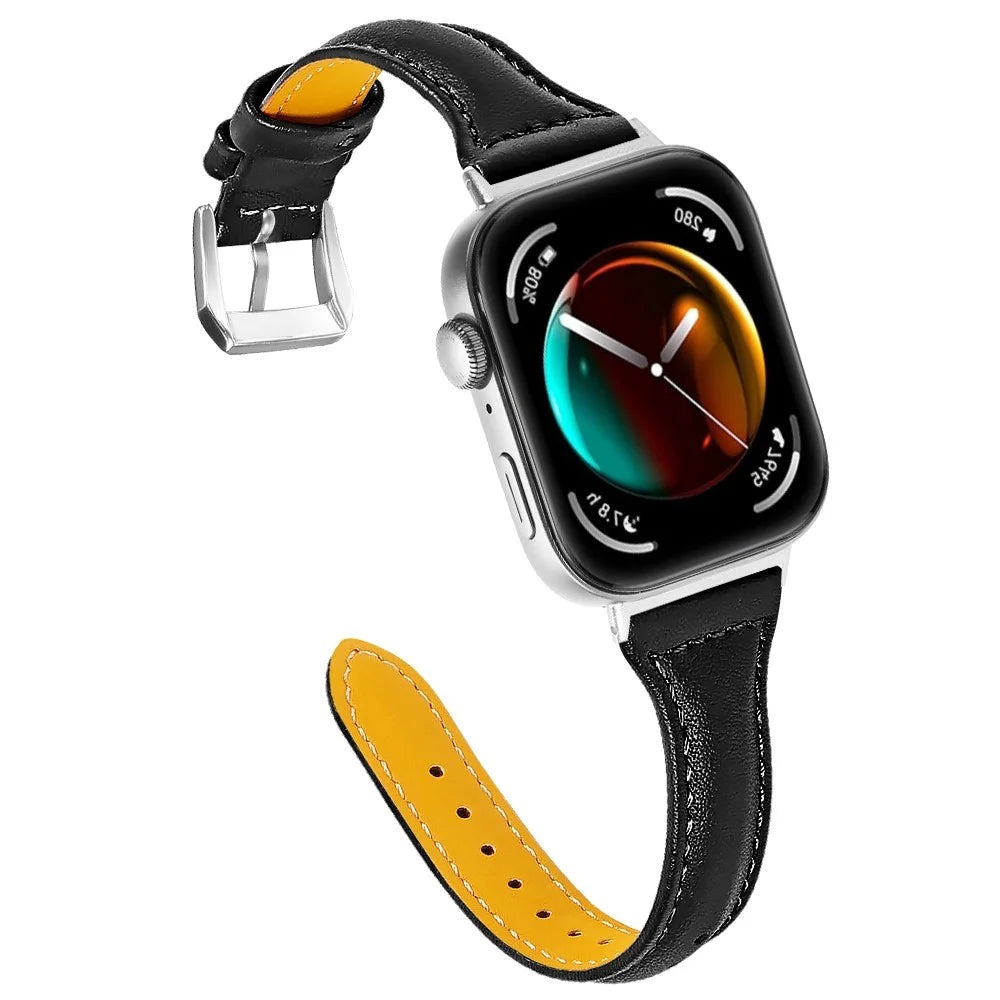 For Huawei Watch Fit 3 Watch Strap Genuine Cow Leather Band Stitching Lines - Black - 2