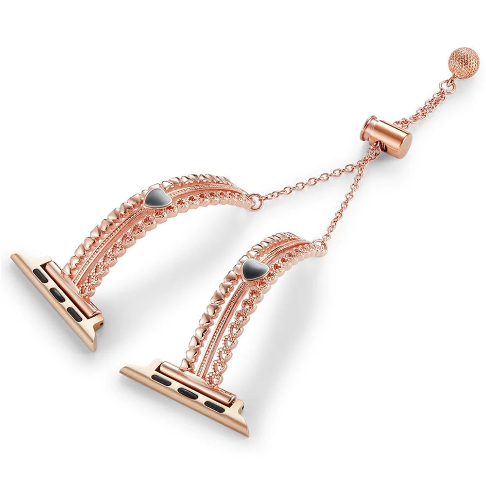For Apple Watch Series 11 10 42mm / 9 8 7 41mm / SE3 SE2 SE 6 5 4 40mm / 3 2 1 38mm Copper Bracelet Zircon Love Heart Watch Strap - Rose Gold - 1