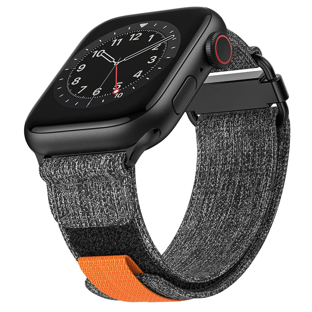 KALEBOL For Apple Watch Ultra 3 2 1 49mm / Series 11 10 46mm / 9 8 7 45mm / SE3 SE2 SE 6 5 4 44mm / 3 2 1 42mm Breathable Magic Tape Nylon Strap - Black+Grey - 2