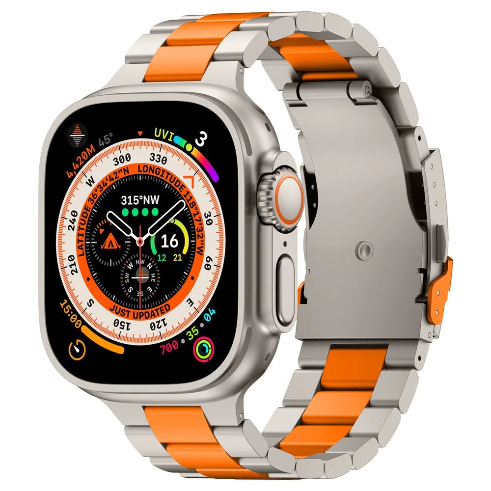 For Apple Watch Ultra 3 2 1 49mm / Series 11 10 46mm / 9 8 7 45mm / SE3 SE2 SE 6 5 4 44mm / 3 2 1 42mm 3-Bead Titanium Alloy Watch Strap - Titanium+Orange - 2