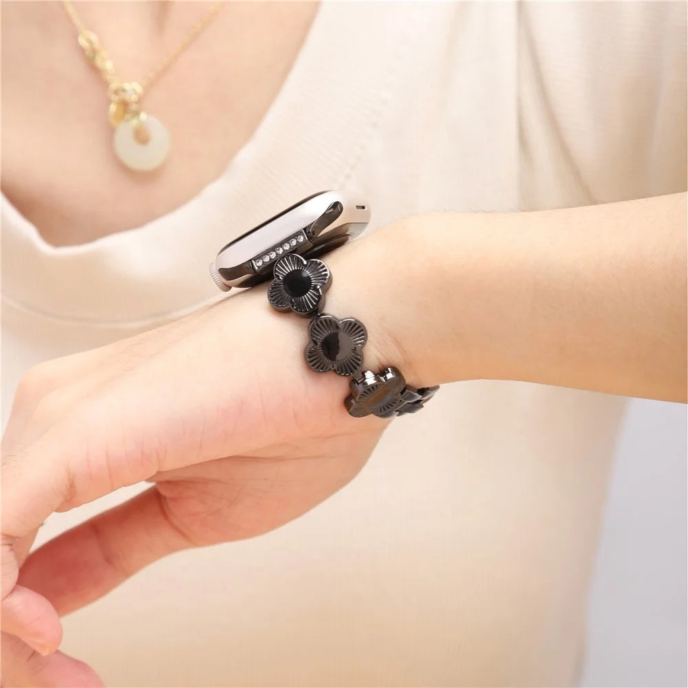 For Apple Watch Series 11 10 42mm / 9 8 7 41mm / SE3 SE2 SE 6 5 4 40mm / 3 2 1 38mm Plum Blossom Quick Release Metal Bracelet Watch Strap - Black - 3