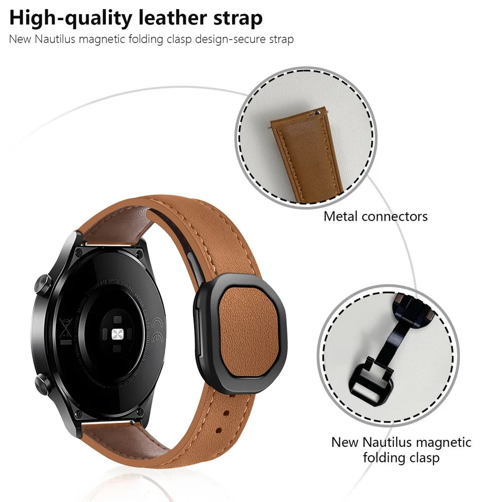KALEBOL For Huawei Watch GT 3 42mm / GT 3 Pro 43mm Watch Strap 20mm Nautilus Magnetic Buckle Genuine Cow Leather Band - Brown - 2