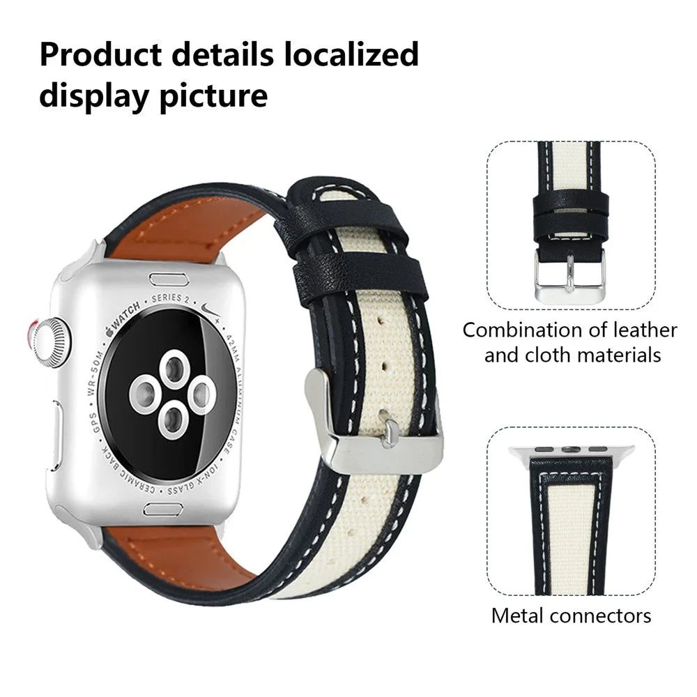 KALEBOL For Apple Watch Series 11 10 42mm / 9 8 7 41mm / SE3 SE2 SE 6 5 4 40mm / 3 2 1 38mm Genuine Cow Leather Strap - Black+White - 3