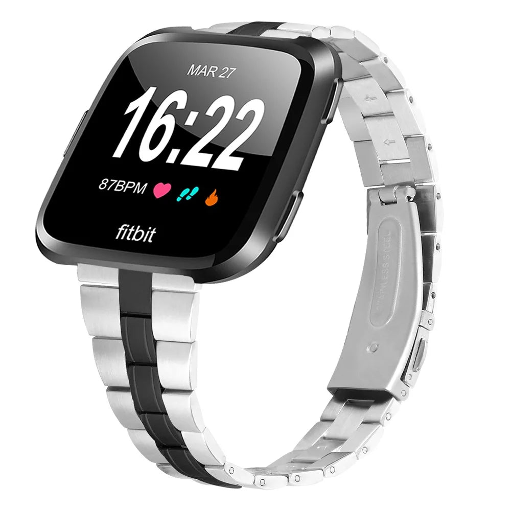 Three Bead Buckle Stainless Steel Chain for Fitbit Versa/Versa 2 Watchband Replacement - Black - 2