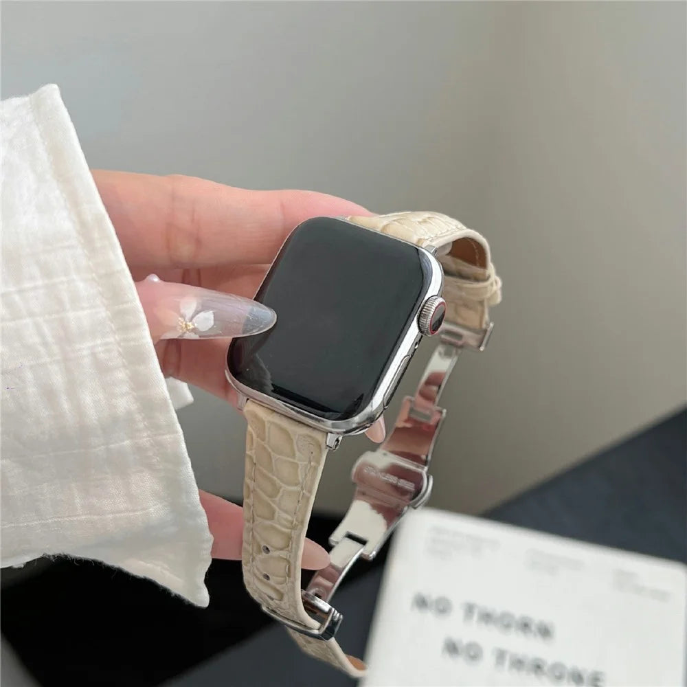 For Apple Watch Series 11 10 42mm / 9 8 7 41mm / SE3 SE2 SE 6 5 4 40mm / 3 2 1 38mm Crocodile Texture Leather Strap - Beige+Silver Buckle - 3