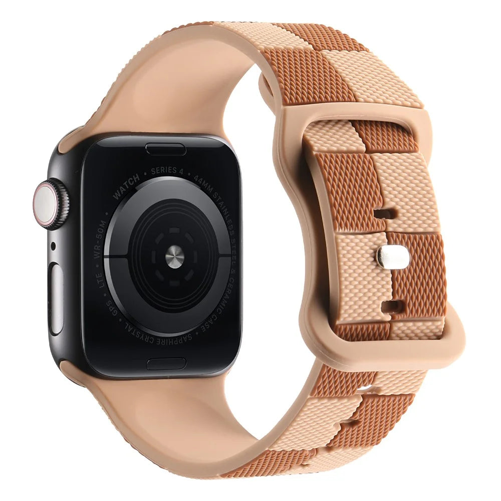 KALEBOL Silicone Strap for Apple Watch Series 11 10 42mm / 9 8 7 41mm / SE3 SE2 SE 6 5 4 40mm / 3 2 1 38mm Checkerboard Watch Band Light Brown - 1