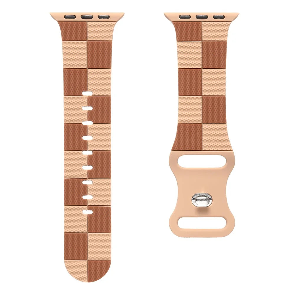 KALEBOL Silicone Strap for Apple Watch Series 11 10 42mm / 9 8 7 41mm / SE3 SE2 SE 6 5 4 40mm / 3 2 1 38mm Checkerboard Watch Band Light Brown - 2