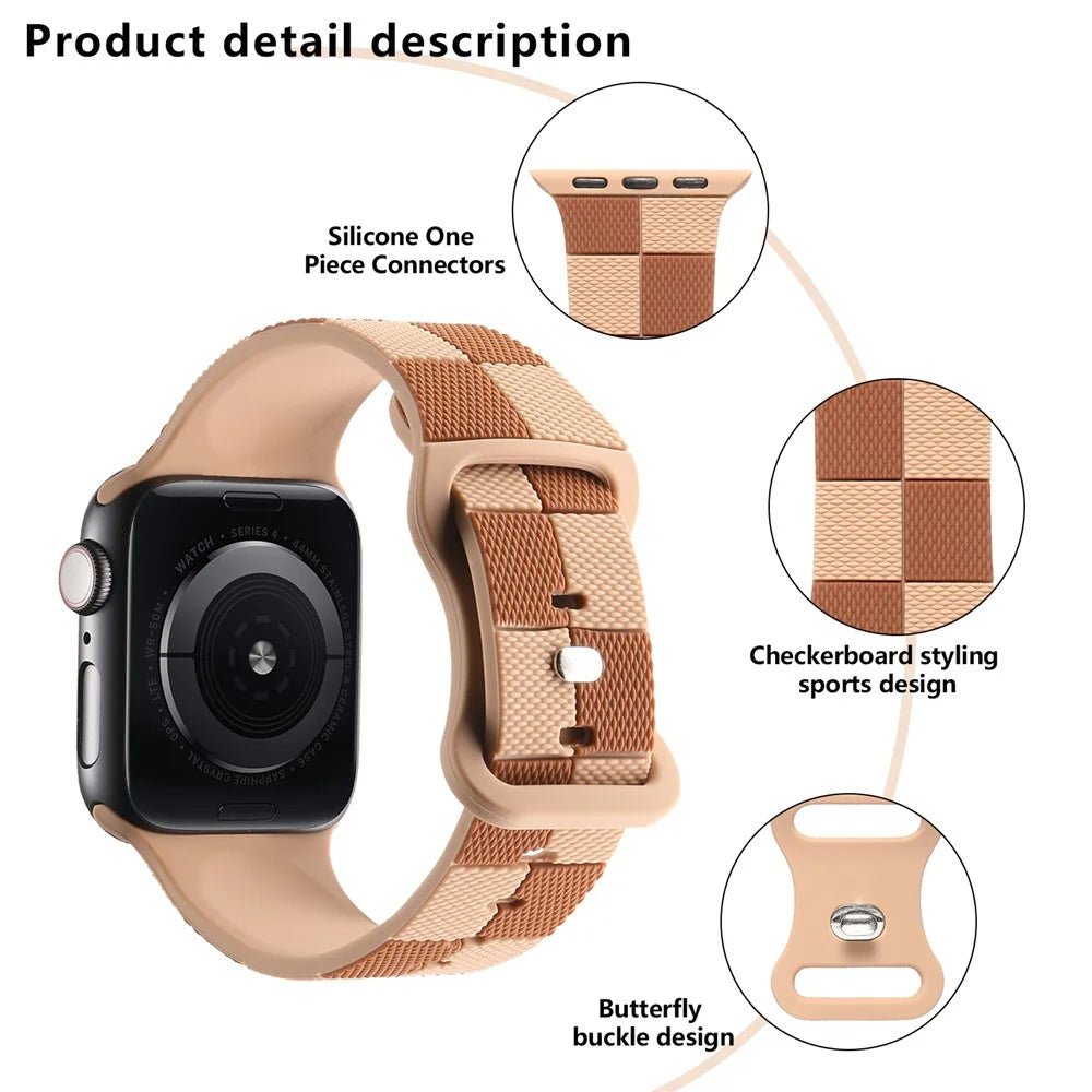 KALEBOL Silicone Strap for Apple Watch Series 11 10 42mm / 9 8 7 41mm / SE3 SE2 SE 6 5 4 40mm / 3 2 1 38mm Checkerboard Watch Band Light Brown - 4