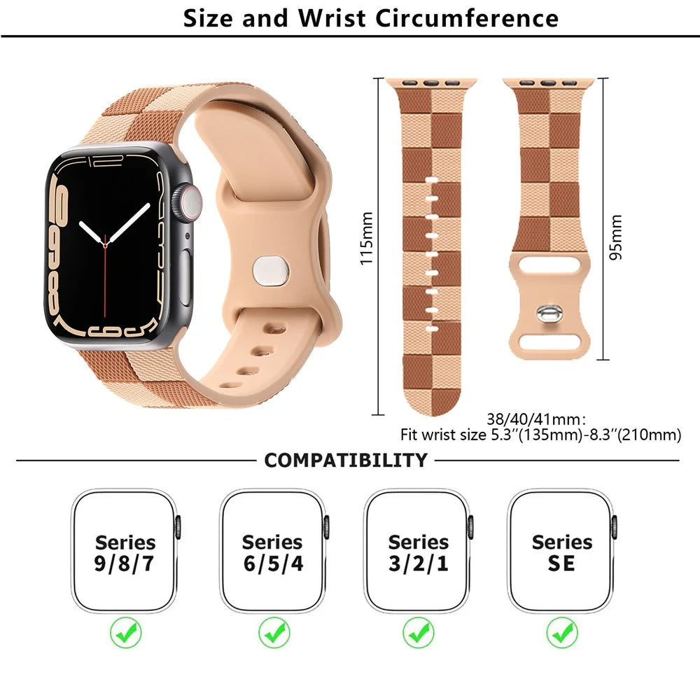 KALEBOL Silicone Strap for Apple Watch Series 11 10 42mm / 9 8 7 41mm / SE3 SE2 SE 6 5 4 40mm / 3 2 1 38mm Checkerboard Watch Band Light Brown - 5