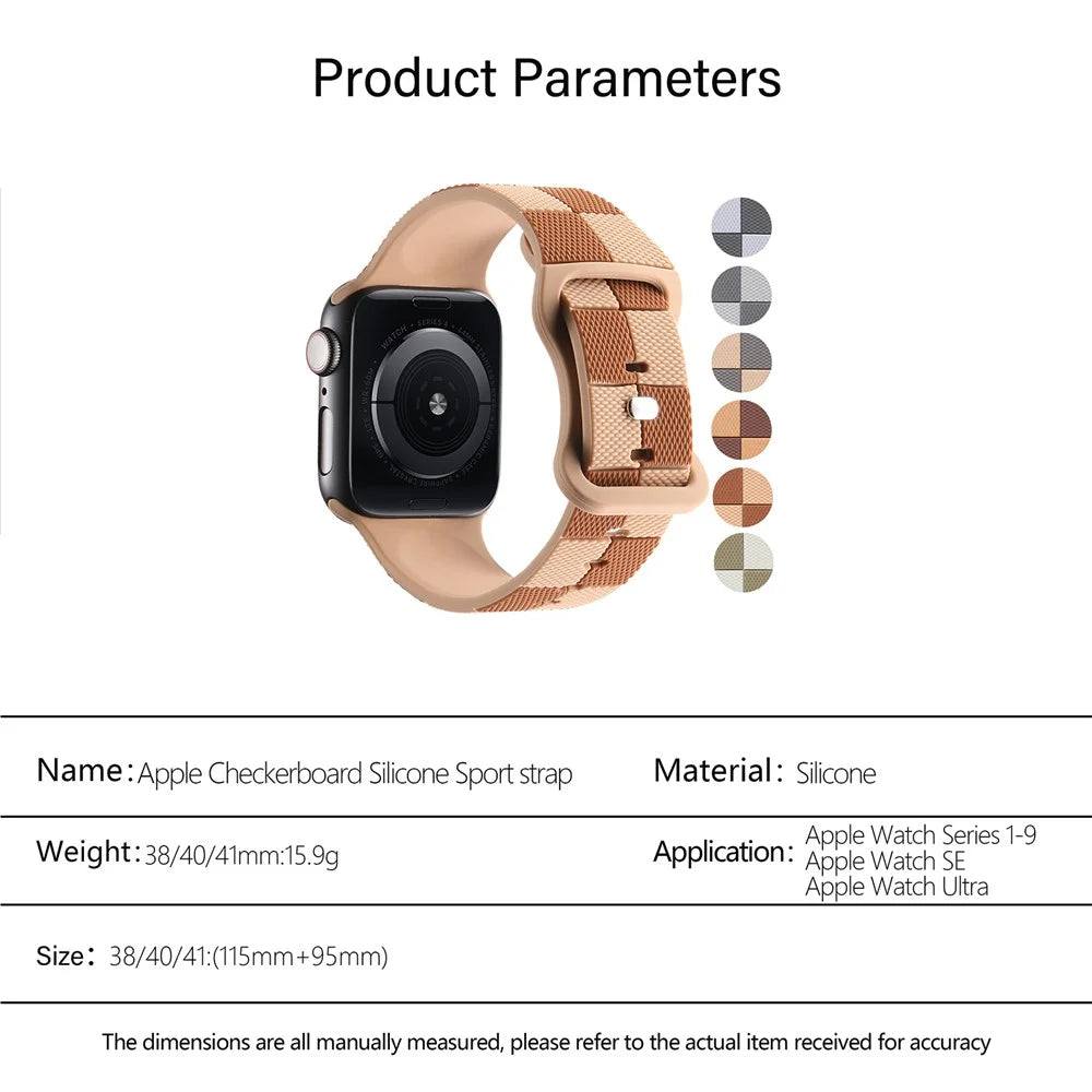 KALEBOL Silicone Strap for Apple Watch Series 11 10 42mm / 9 8 7 41mm / SE3 SE2 SE 6 5 4 40mm / 3 2 1 38mm Checkerboard Watch Band Light Brown - 6
