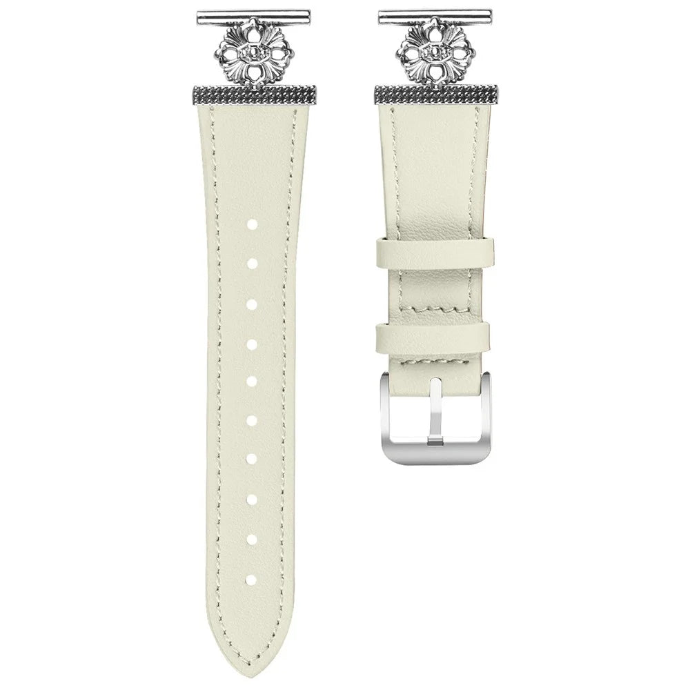 For Huami Amazfit GTS 2e Watch Band Genuine Cow Leather Flower Decor Adjustable Strap - White - 1