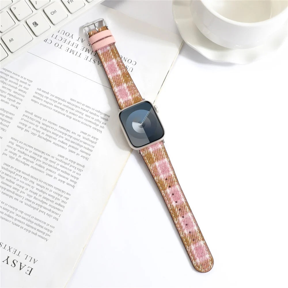 Watchband For Apple Watch Ultra 3 2 1 49mm / Series 11 10 46mm / 9 8 7 45mm / SE3 SE2 SE 6 5 4 44mm / 3 2 1 42mm Wool Fabric Grid Watch Strap - Grid Pink - 4