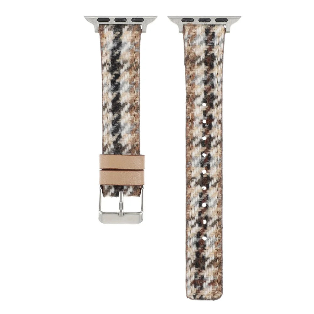 Watch Strap For Apple Watch Ultra 3 2 1 49mm / Series 11 10 46mm / 9 8 7 45mm / SE3 SE2 SE 6 5 4 44mm / 3 2 1 42mm Grid Leather Wool Watchband - White Brown - 2