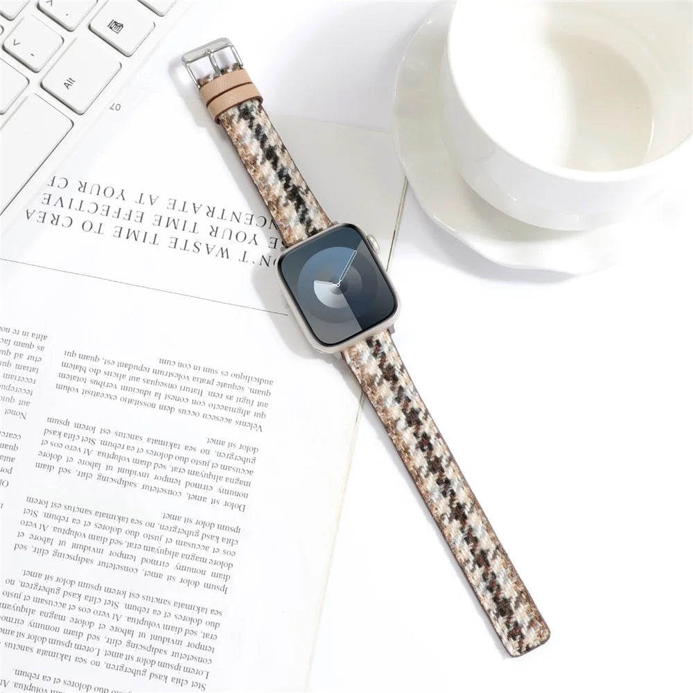 Watch Strap For Apple Watch Ultra 3 2 1 49mm / Series 11 10 46mm / 9 8 7 45mm / SE3 SE2 SE 6 5 4 44mm / 3 2 1 42mm Grid Leather Wool Watchband - White Brown - 4