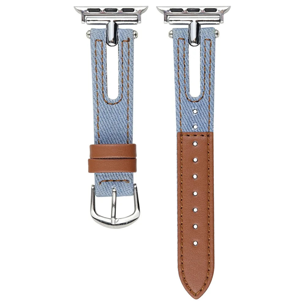 Denim+Leather Watch Strap for Apple Watch Ultra 3 2 1 49mm / Series 11 10 46mm / 9 8 7 45mm / SE3 SE2 SE 6 5 4 44mm / 3 2 1 42mm - Light Blue+Brown - 1