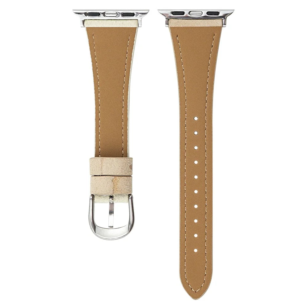 Cartoon Puppy Pattern Leather Strap for Apple Watch Ultra 3 2 1 49mm / Series 11 10 46mm / 9 8 7 45mm / SE3 SE2 SE 6 5 4 44mm / 3 2 1 42mm - Apricot+White - 2