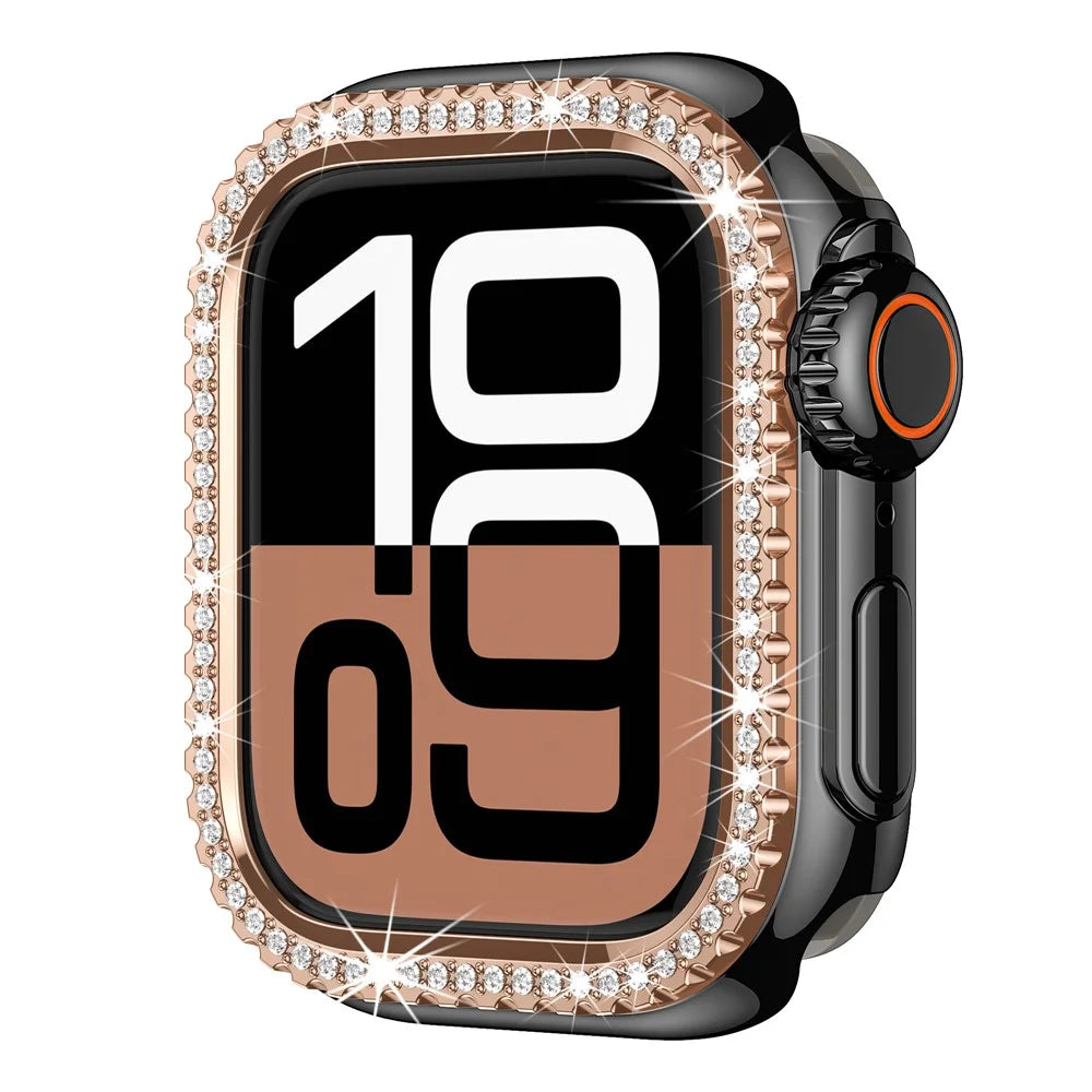 Watch Case for Apple Watch Series 9 / 8 / 7 45mm Rhinestone Decor Hollow PC Frame Cover - Black+Rose Gold Dial - 2