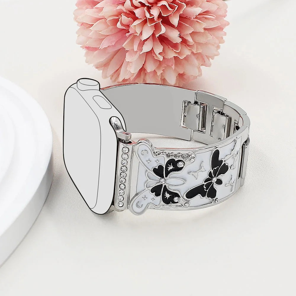 Watch Strap for Apple Watch Series 11 10 42mm / 9 8 7 41mm / SE3 SE2 SE 6 5 4 40mm / 3 2 1 38mm Enamel Butterfly Metal Band - Silver - 4
