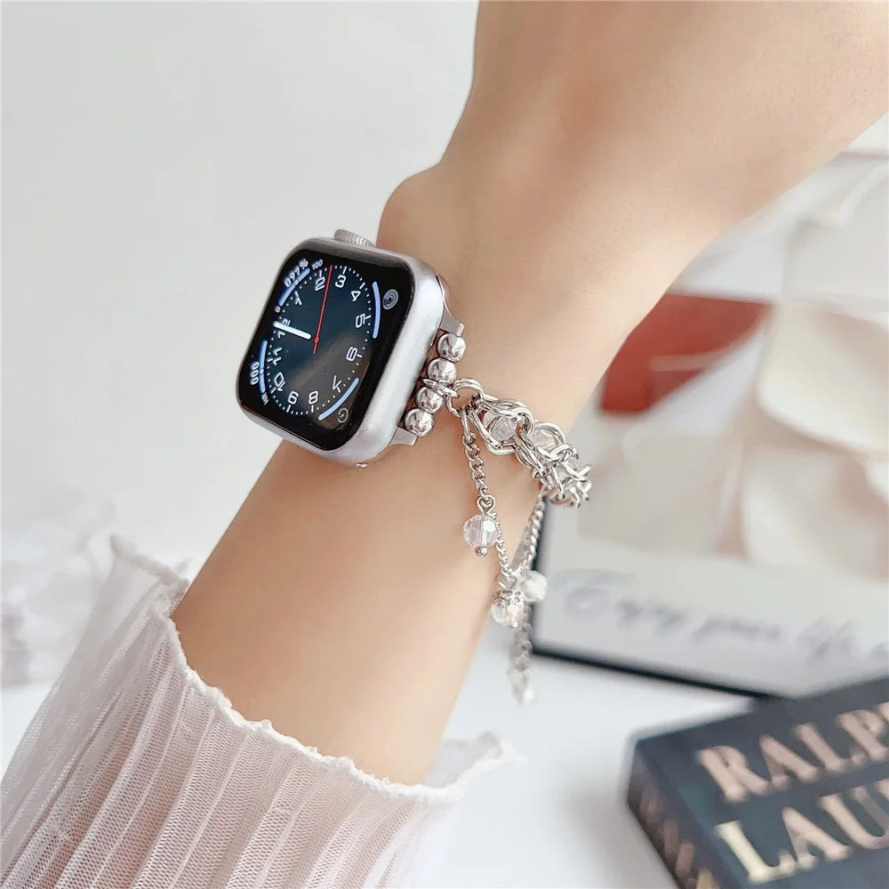Crystal Beads Strap for Apple Watch Ultra 3 2 1 49mm / Series 11 10 46mm / 9 8 7 45mm / SE3 SE2 SE 6 5 4 44mm / 3 2 1 42mm Sliding Bracelet - Silver - 3
