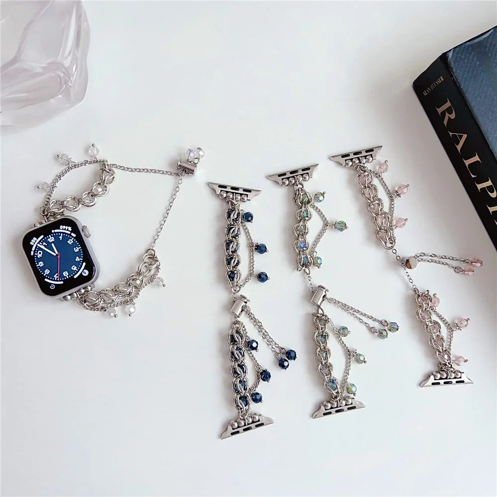 Crystal Beads Strap for Apple Watch Ultra 3 2 1 49mm / Series 11 10 46mm / 9 8 7 45mm / SE3 SE2 SE 6 5 4 44mm / 3 2 1 42mm Sliding Bracelet - Silver - 4