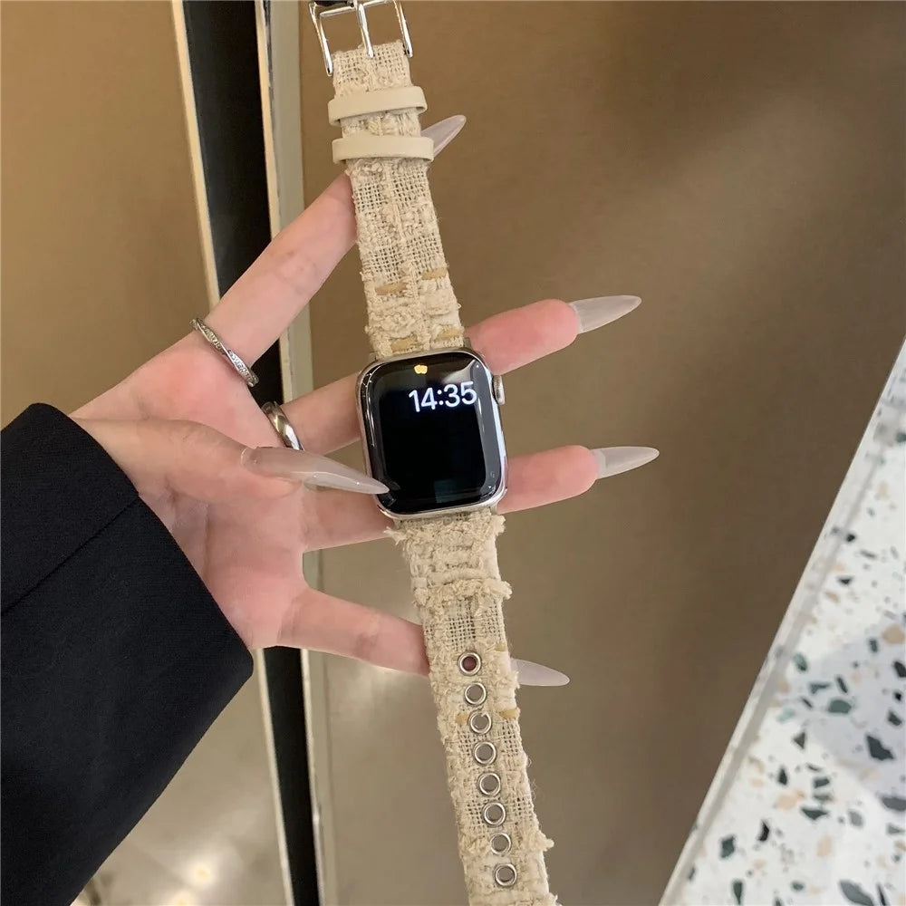 Genuine Cow Leather + Wool Strap for Apple Watch Ultra 3 2 1 49mm / Series 11 10 46mm / 9 8 7 45mm / SE3 SE2 SE 6 5 4 44mm / 3 2 1 42mm - Cream White - 4