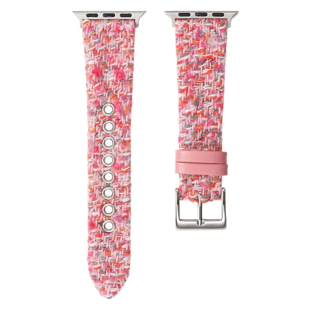 Genuine Cow Leather + Wool Strap for Apple Watch Series 11 10 42mm / 9 8 7 41mm / SE3 SE2 SE 6 5 4 40mm / 3 2 1 38mm Winter Watchband - Pink - 1