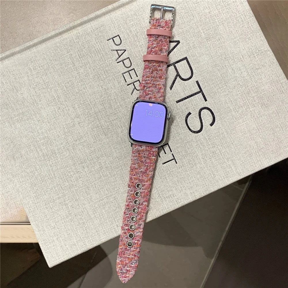 Genuine Cow Leather + Wool Strap for Apple Watch Series 11 10 42mm / 9 8 7 41mm / SE3 SE2 SE 6 5 4 40mm / 3 2 1 38mm Winter Watchband - Pink - 2
