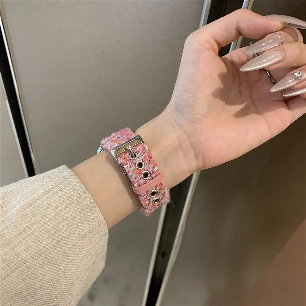 Genuine Cow Leather + Wool Strap for Apple Watch Series 11 10 42mm / 9 8 7 41mm / SE3 SE2 SE 6 5 4 40mm / 3 2 1 38mm Winter Watchband - Pink - 5