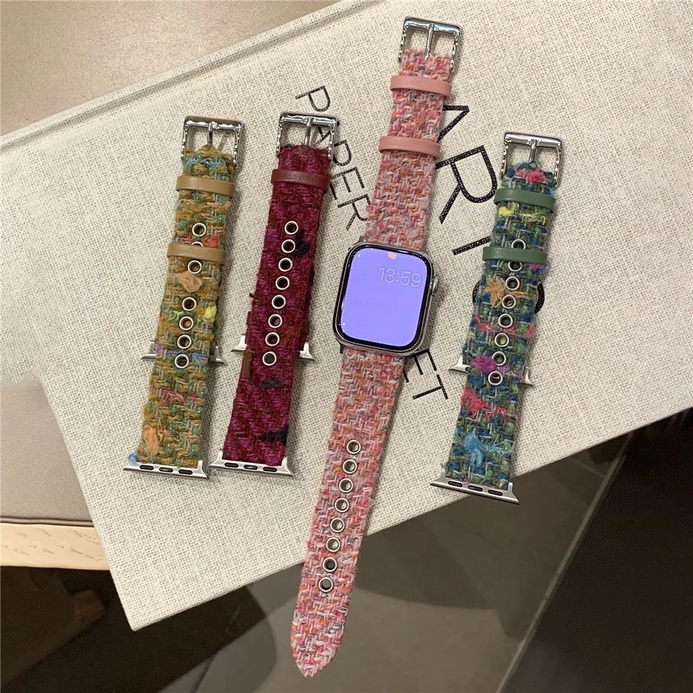 Genuine Cow Leather + Wool Strap for Apple Watch Series 11 10 42mm / 9 8 7 41mm / SE3 SE2 SE 6 5 4 40mm / 3 2 1 38mm Winter Watchband - Pink - 6