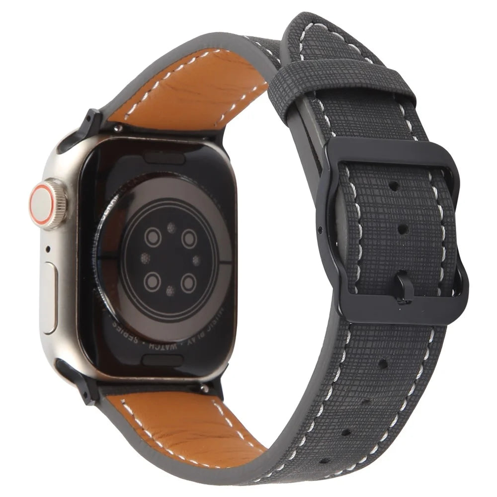 Watch Band For Apple Watch Ultra 3 2 1 49mm / Series 11 10 46mm / 9 8 7 45mm / SE3 SE2 SE 6 5 4 44mm / 3 2 1 42mm Checkered Pattern Day-Shaped Buckle Leather Strap - Black - 1
