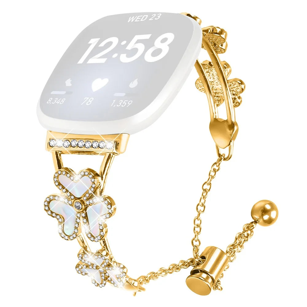 Metal Band Heart Clover Decor For Fitbit Versa 3 / Sense Watch Bracelet Replacement - Gold - 1