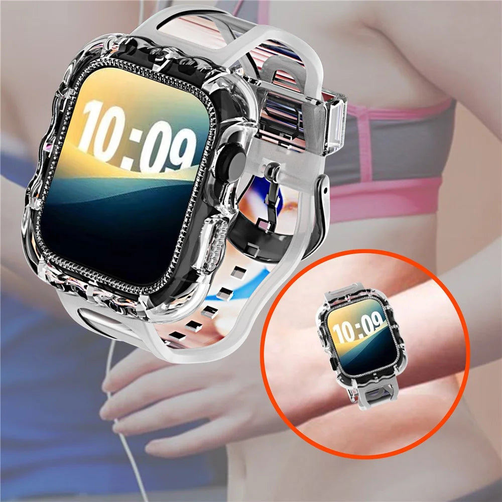 For Apple Watch Series 10 42mm Watch Case with Band Wave Pattern Integrated Watch Strap TPU Adjustable - Black - 3
