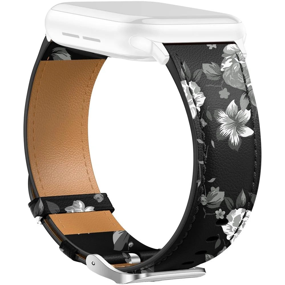 Leather Band For Apple Watch Series 11 10 42mm / 9 8 7 41mm / SE3 SE2 SE 6 5 4 40mm / 3 2 1 38mm Pointed Tail Strap Silver Buckle - Black / Grey Flowers - 1