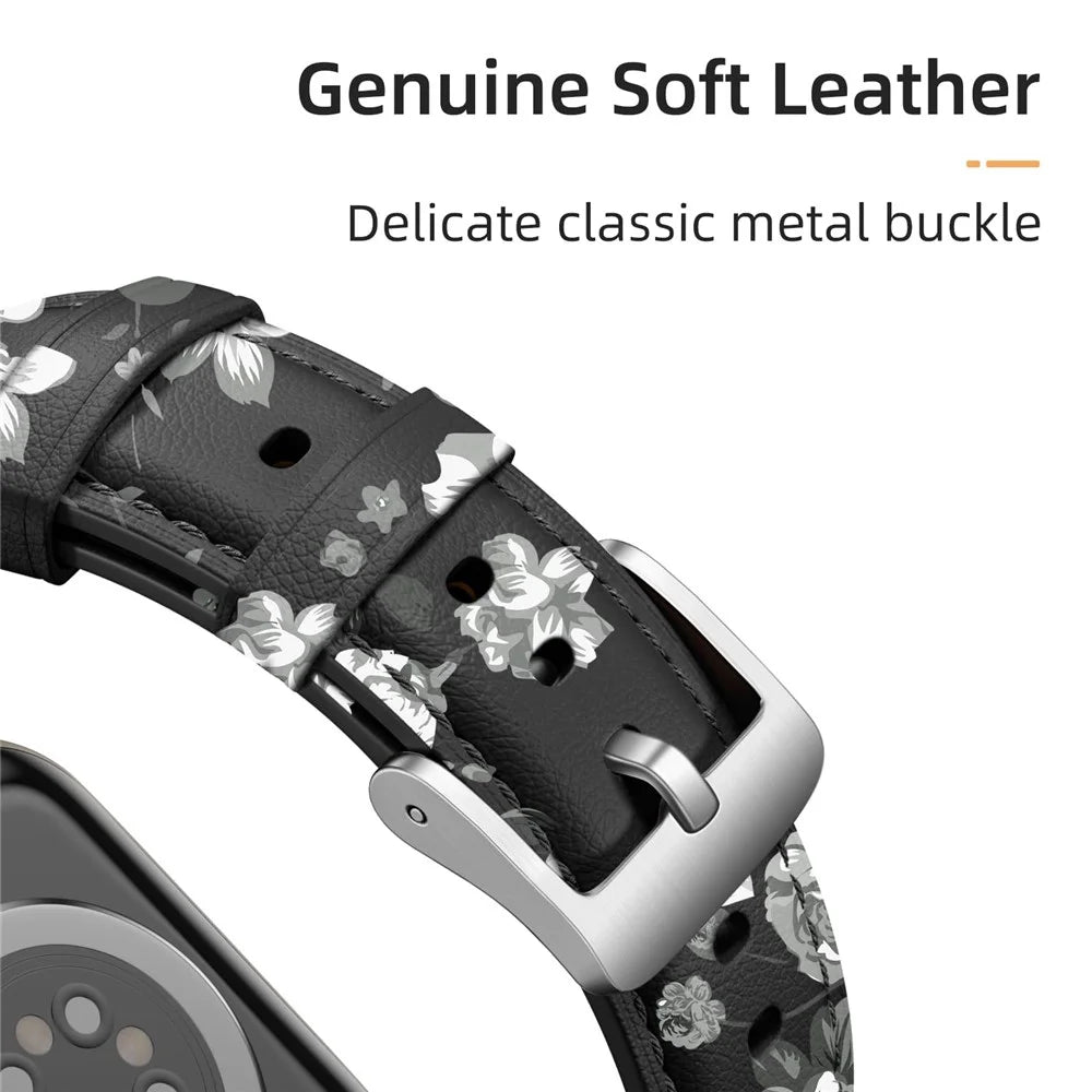 Leather Band For Apple Watch Series 11 10 42mm / 9 8 7 41mm / SE3 SE2 SE 6 5 4 40mm / 3 2 1 38mm Pointed Tail Strap Silver Buckle - Black / Grey Flowers - 3