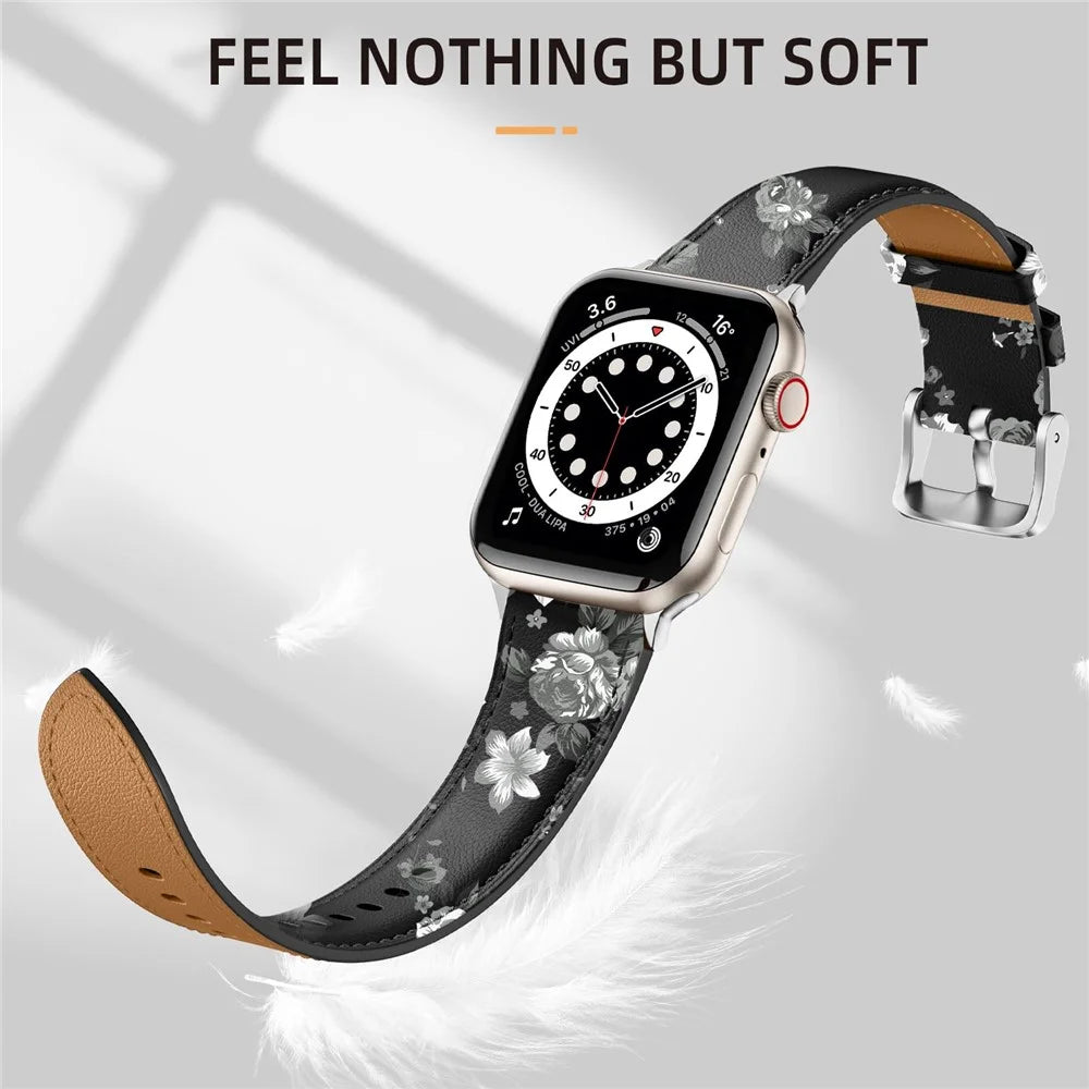 Leather Band For Apple Watch Series 11 10 42mm / 9 8 7 41mm / SE3 SE2 SE 6 5 4 40mm / 3 2 1 38mm Pointed Tail Strap Silver Buckle - Black / Grey Flowers - 4